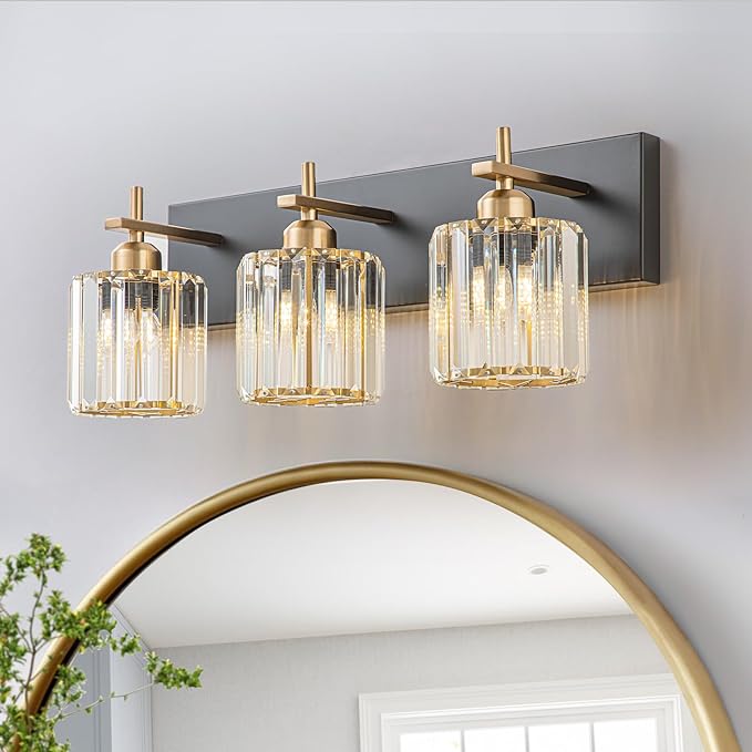 Modern Crystal Bathroom Vanity Lights, 3-Lights Black Gold Bathroom Light by HUOKU