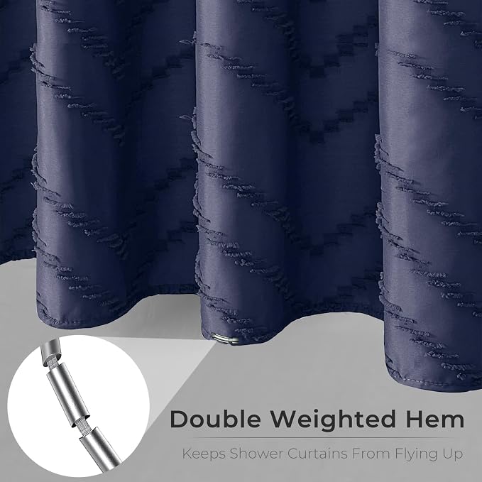 78 Inches Long Boho Tufted Chevron Striped Fabric Shower Curtain Navy Blue - Image 5