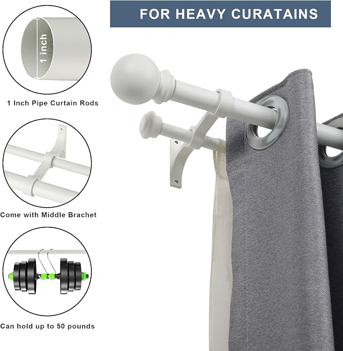 Double Curtain Rod 84 to 120 inch, Adjustable 1 inch Double Drapery Rod Rods - Image 3