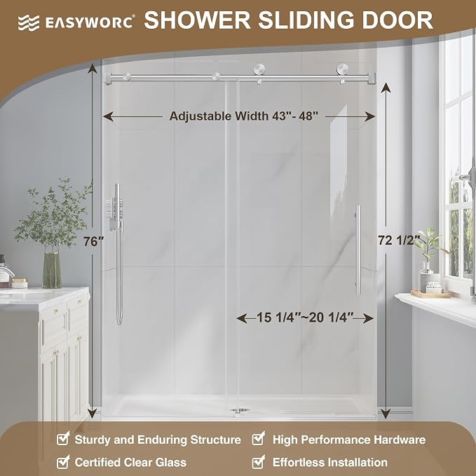 Frameless Glass Shower Door, 43-48" W x 76" H Sliding Frameless Shower Door - Image 5