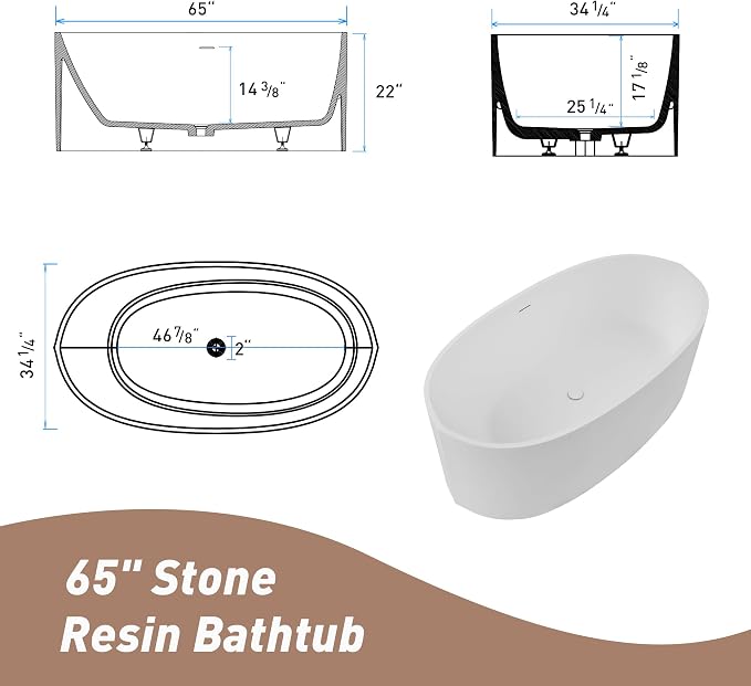 Abruzzo 65" Matte White Freestanding Solid Surface Bathtub, Stone Resin - Image 4