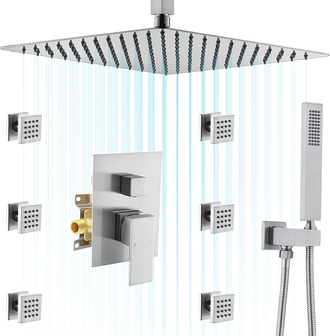 Shower System with Body Jets, 16 Inch Ceiling Mounted Multi Shower Head System by NPYSVSSS