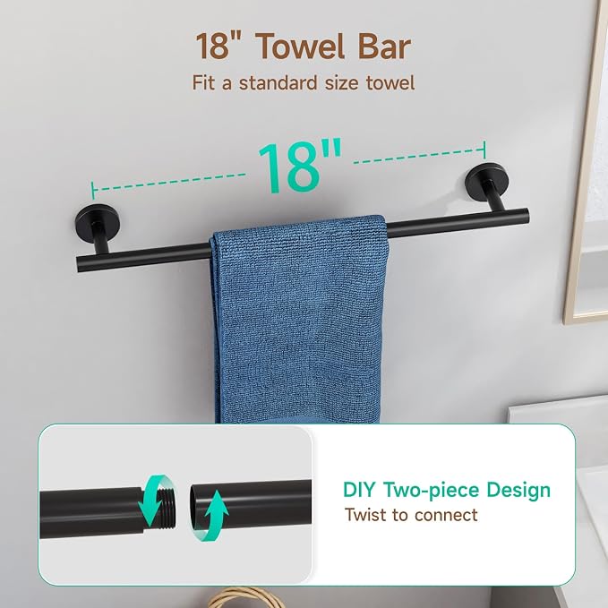 USHOWER Matte Black Bathroom Hardware Set, Modern 18-Inch Towel Bar Set Wall - Image 3