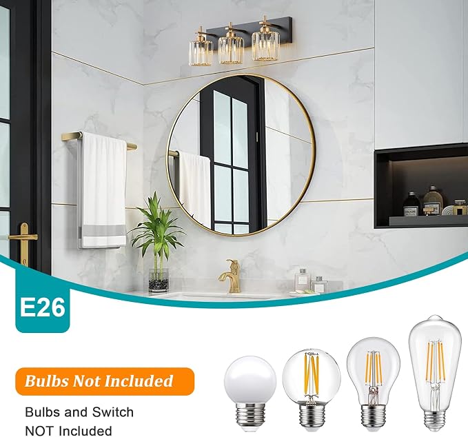 Modern Crystal Bathroom Vanity Lights, 3-Lights Black Gold Bathroom Light - Image 5