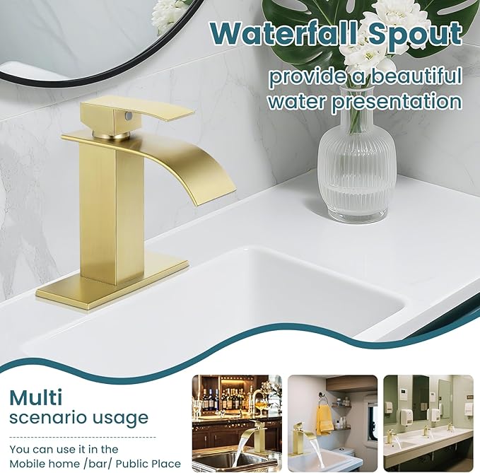 Bathroom Faucets Brushed Gold Waterfall Bathroom Sink Faucet Modern Single - Image 5
