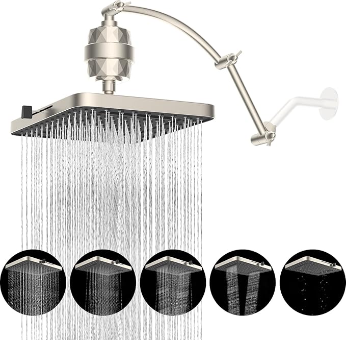 Hibbent Rain Filtered Shower Head, Solid Brass Adjustable Shower Arm Extender by Hibbent