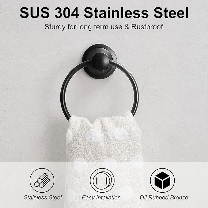 BESy Oil Rubbed Bronze Bathroom Hand Towel Ring Towel Holder, Rustproof Wall - Image 2