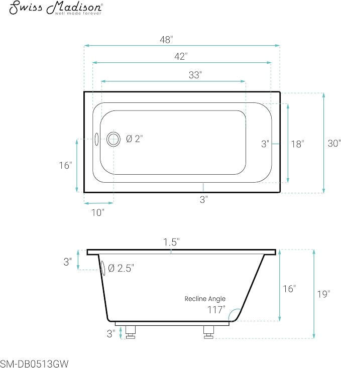 Swiss Madison Voltaire 48" x 30" Reversible Drain Drop-In Bathtub - Image 7