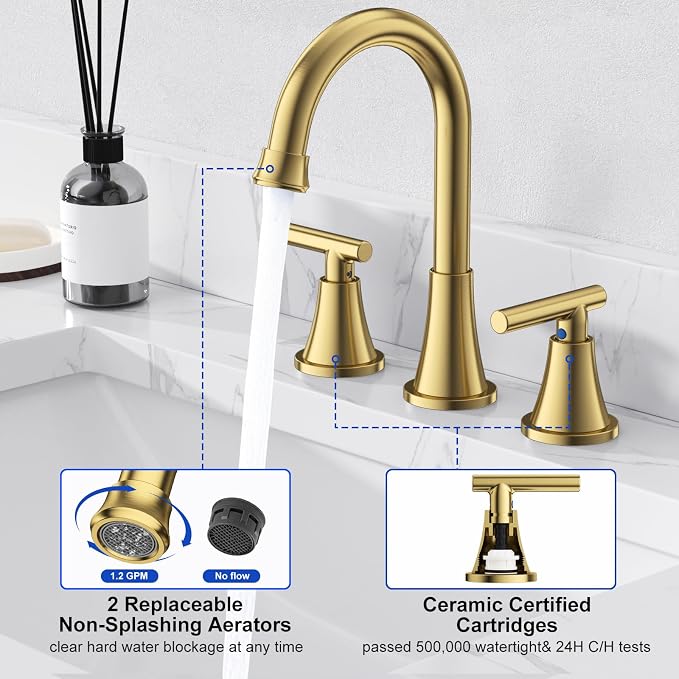 Bathroom Faucets for Sink 3 Hole, Hurran Brushed Gold Bathroom Sink Faucet - Image 5