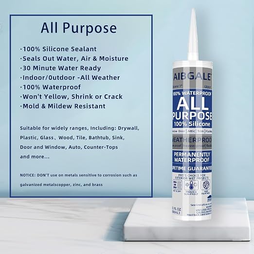 Gray Silicone Sealant, All-Purpose 100% Waterproof Silicone Caulk, Adhesive - Image 2