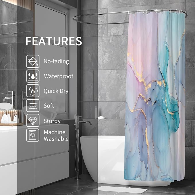 Gibelle Abstract Marble Shower Curtain, Watercolor Pink Turquoise Shower Curtain - Image 2
