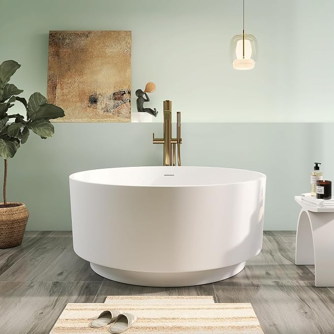 49" Premium Solid Surface Freestanding Bathtub, Upgraded Round Soaking Deep - Image 3