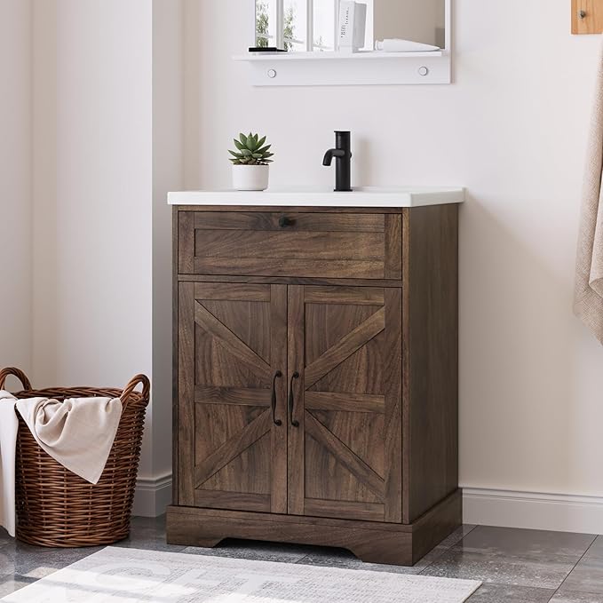 23.62" Bathroom Vanity with Ceramic Sink, Farmhouse Bathroom Vanity Cabinet by SmartFENDEE