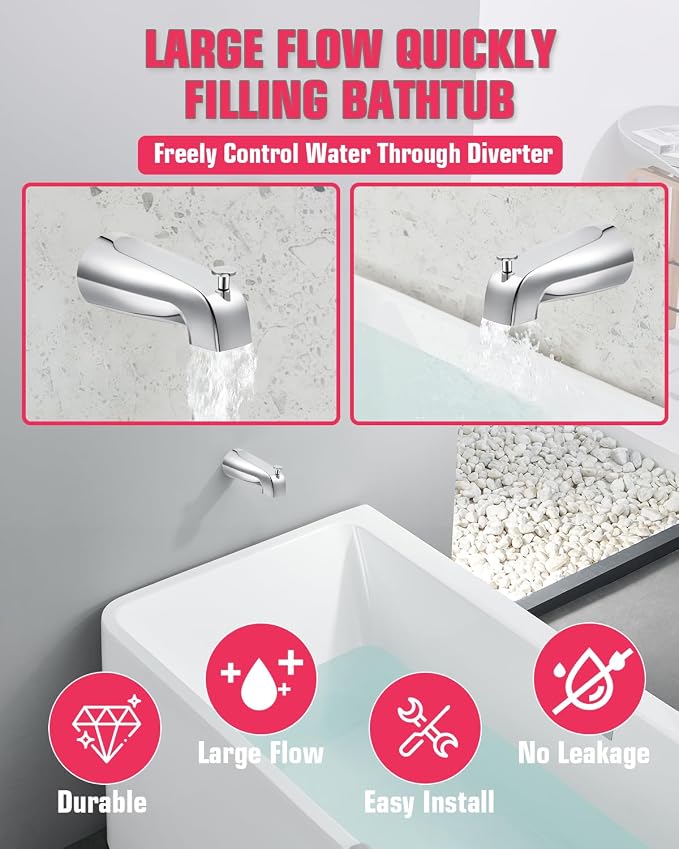 Tub Spout with Diverter, Slip On Bathtub Spout Fits 1/2'' Copper Tube, Bathroom - Image 2