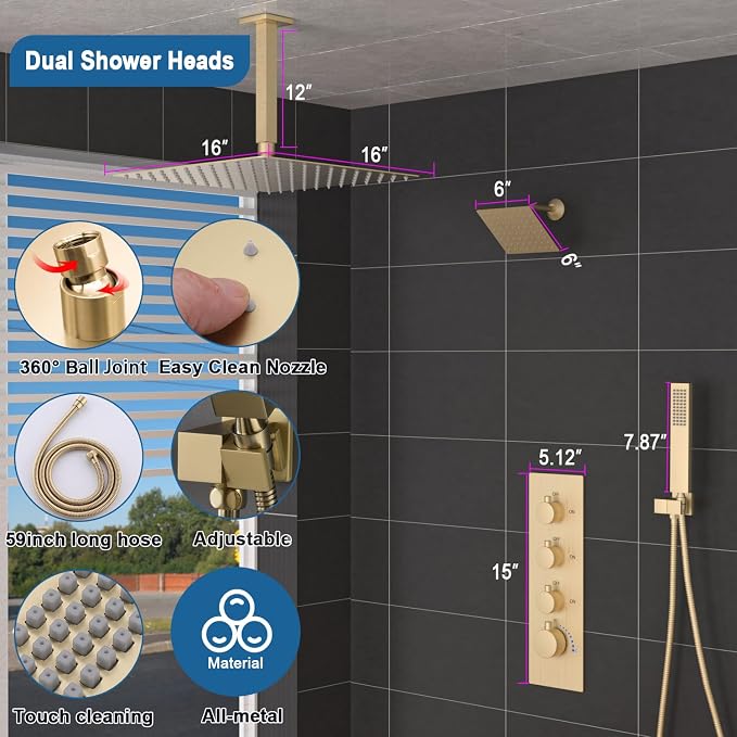 Enga Thermostatic Dual Head Shower System, Shower Faucet Set - Image 6