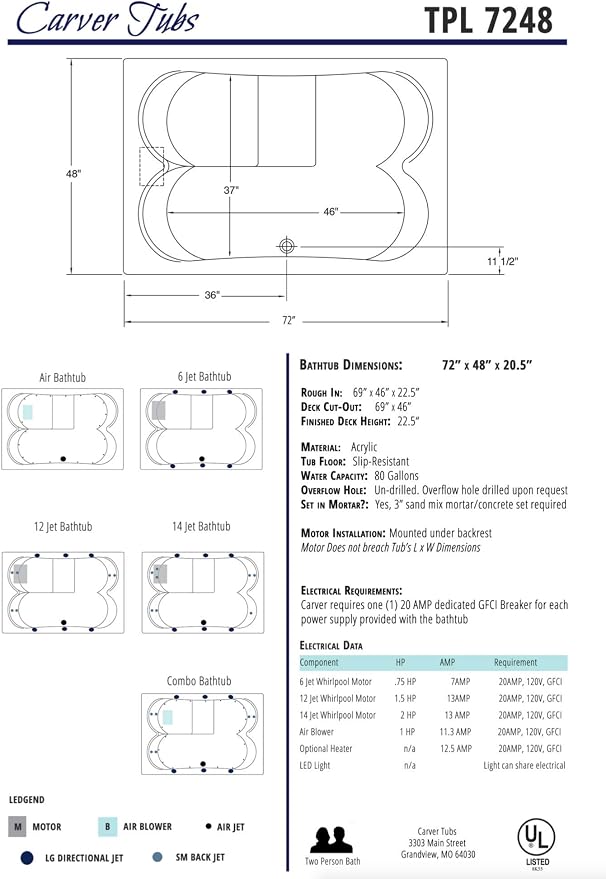 Carver Tubs - TPL7248 - Modern Acrylic Fiberglass Whirlpool Tub Water Massage - Image 6