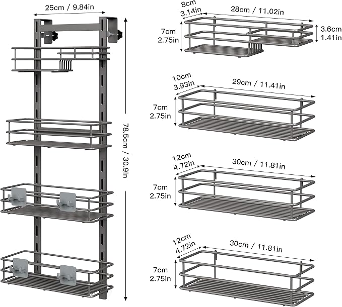 Orimade Over The Door Shower Caddy Adjustable 4 Tier Dark Grey, Bathroom - Image 6
