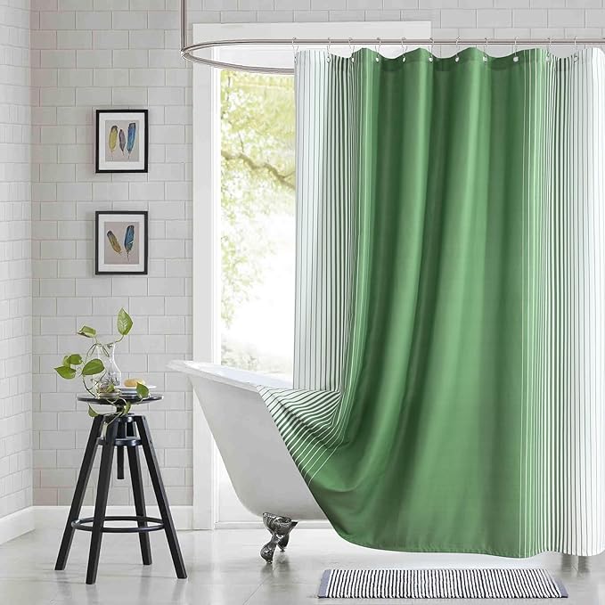 90 Inch Green Shower Curtain, Extra Long Sage Green and White Gradient Vertical by BESTRIPES