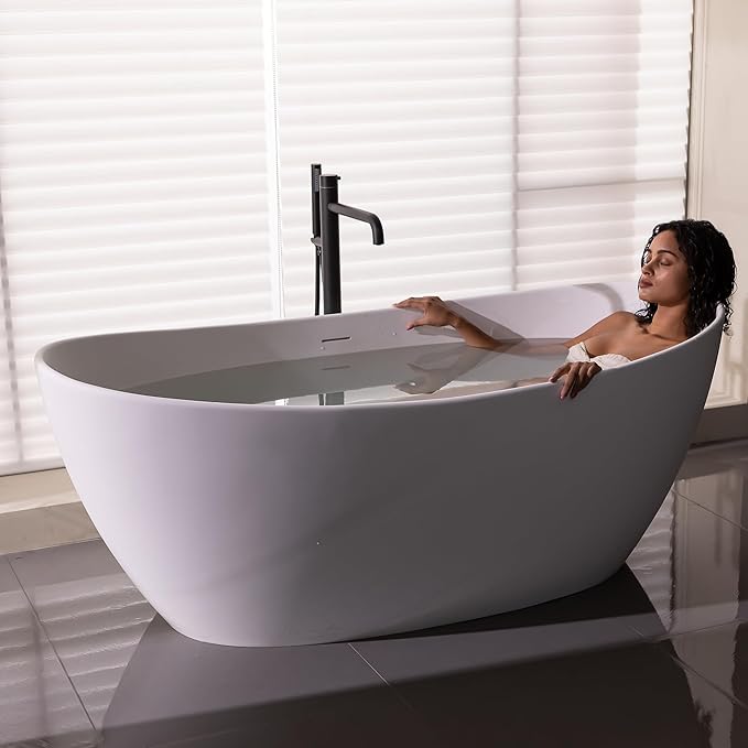 55'' High-back Freestanding Solid Surface Resin Stone Bathtub, Freestanding Tub by MEDUNJESS
