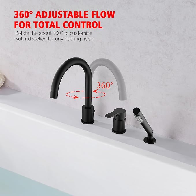 SUMERAIN Matte Black Roman Tub Faucet 3 Holes Deck Mount Bathtub Faucet - Image 3