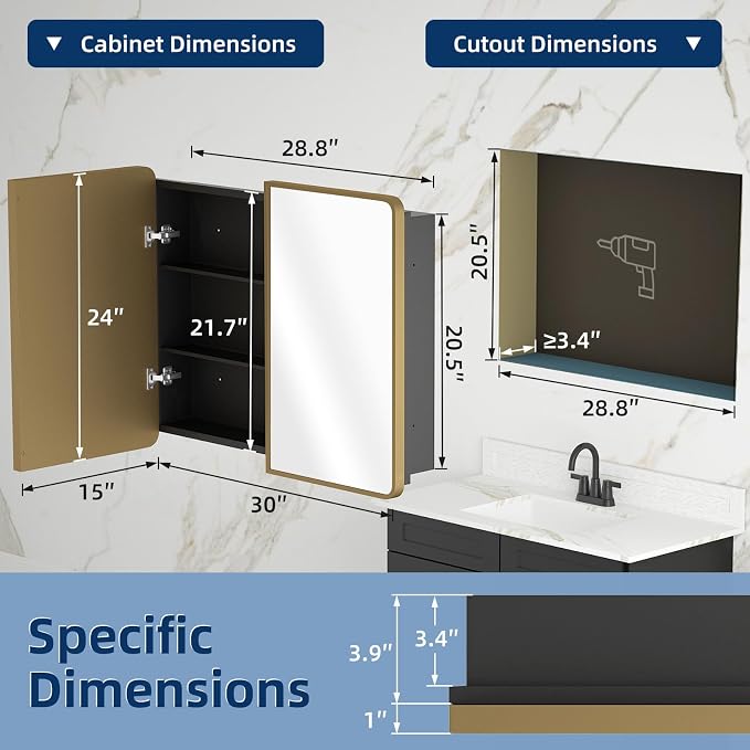 Bathroom Medicine Cabinet with Mirror 24 x 30 Inch, Brush Gold Medicine Cabinet - Image 3