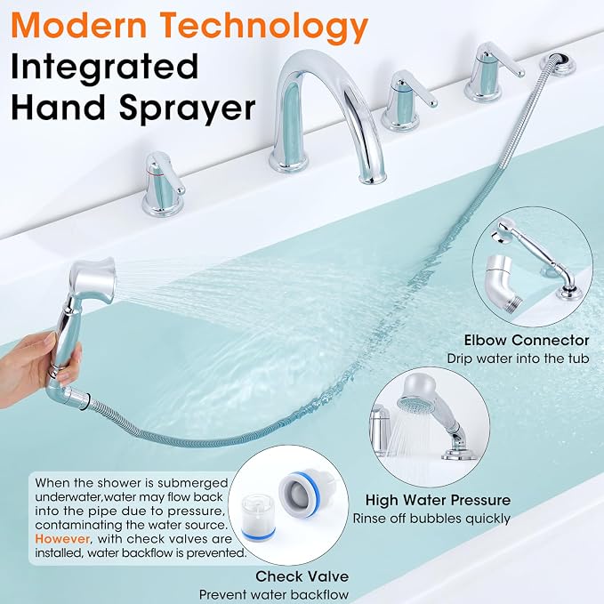 Roman Bath Tub Faucet Set with Rough-in Valve and Sprayer, Brass 5 Hole - Image 8