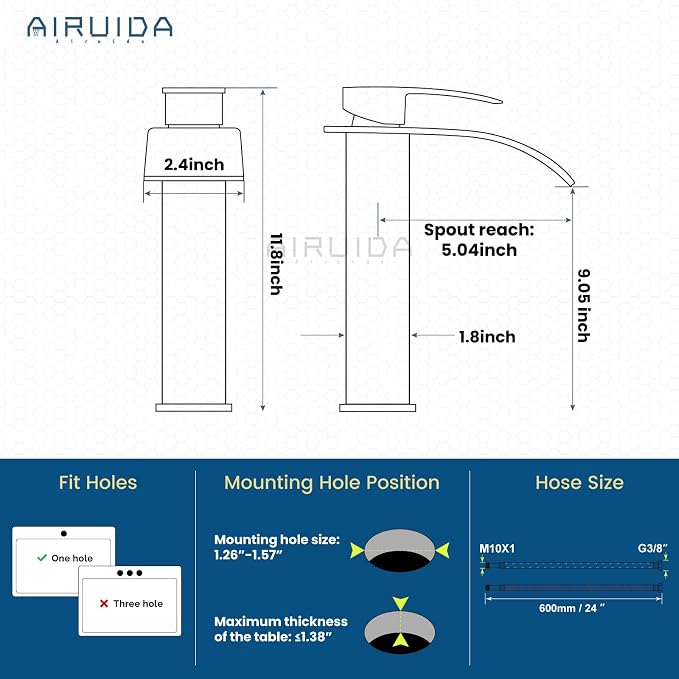 Airuida Tall Bathroom Vessel Faucet Chrome Polish Waterfall Bathroom Single - Image 6