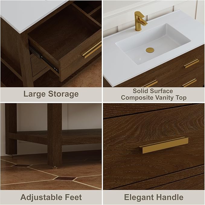 36 Inch Bathroom Vanity with Sink, Farmhouse Storage Cabinet with Drawers & - Image 4