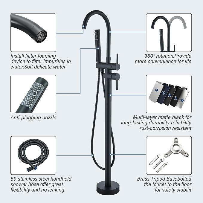 Freestanding Bathtub Faucet Matte Black Floor Mounted Tub Filler - Image 6