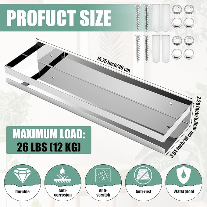 Lallisa 2 Pieces Stainless Steel Shelf Bathroom Shower Floating Shelves Wall - Image 3