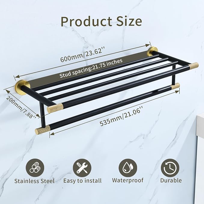 Black Brushed Gold Towel Rack 24'' Bath Towel Shelf - Image 2