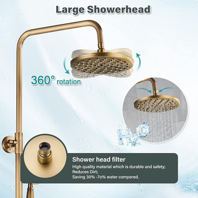 NeierThodore Antique Brass 8-Inch Bathroom Shower Faucet System Rainfall Shower - Image 5