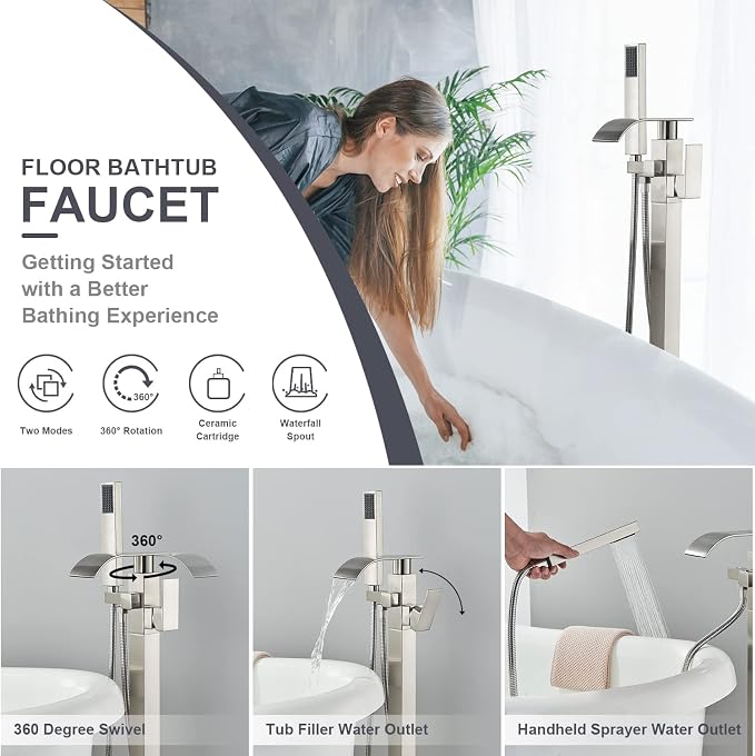 Senlesen Stainless Steel Bathroom Free Standing Tub Filler Faucet Brushed - Image 2