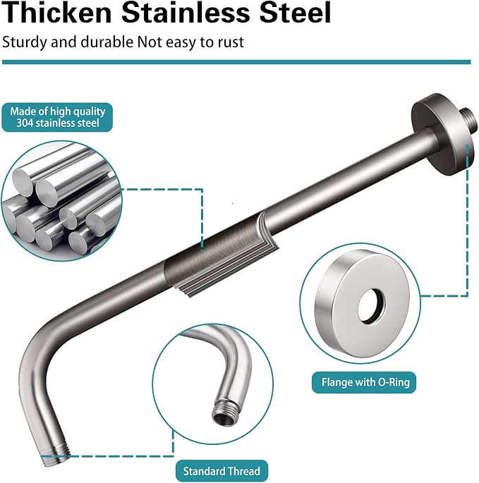 16 Inch Shower Arm with Flange, Stainless Steel 90 Degree Rain Shower Head - Image 6