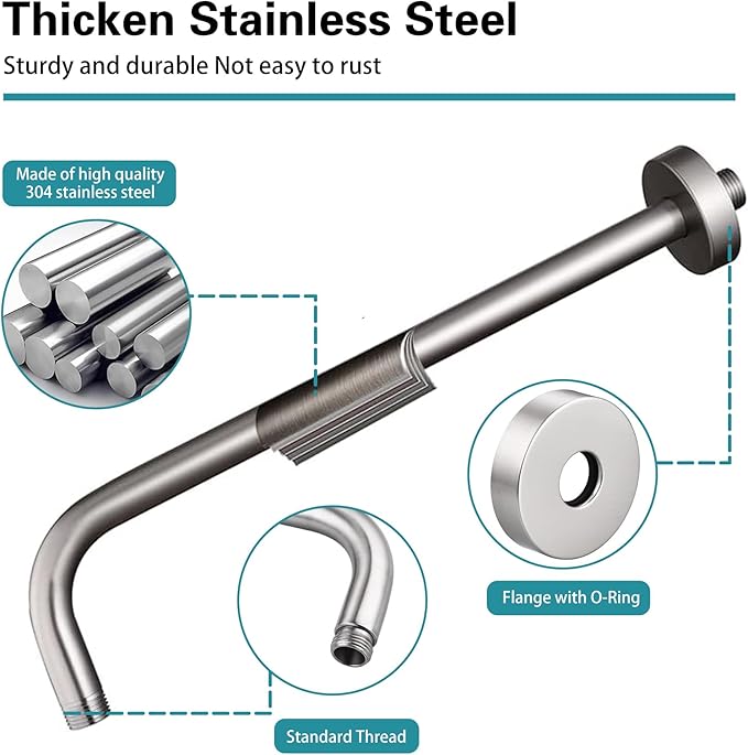 12 Inch Shower Arm with Flange, Stainless Steel 90 Degree Rain Shower Head - Image 6