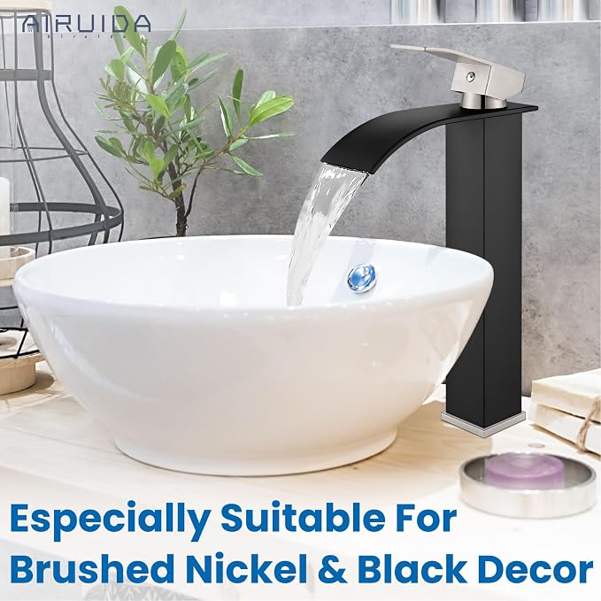 Airuida Vessel Sink Faucet Tall Waterfall Bathroom Fixtures Matte Black&Brushed - Image 2