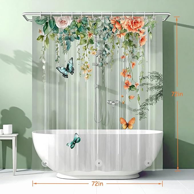 Clear Colorful Floral Butterfly Shower Curtain Liner, Plastic Pretty Pink and - Image 2