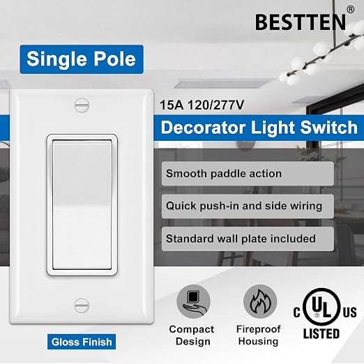 BESTTEN 30 Pack Single Pole Decorator Light Switch, Rocker Paddle Wall Switch - Image 3