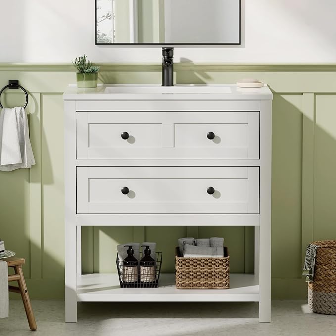30 Inch Bathroom Vanity with Sink, Farmhouse Storage Cabinet with Drawers & by DELUXELIVING