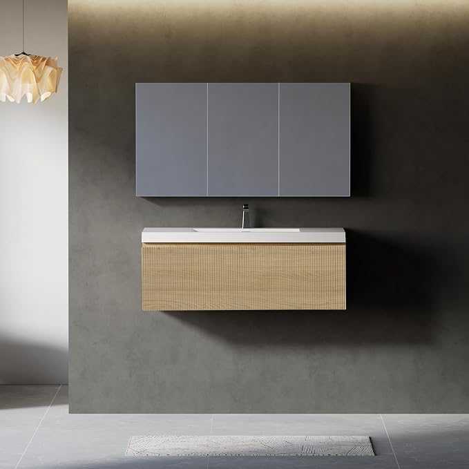 Modern 42'' Floating Bathroom Vanity Sink Combo, Wall-Mounted Striped Cabinet by VUMALL