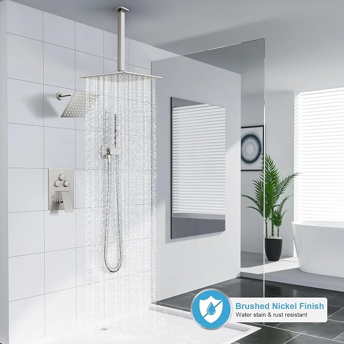 Shower Faucet Set Brushed Nickel Shower System, Ceiling Mount 12 Inch Shower - Image 2