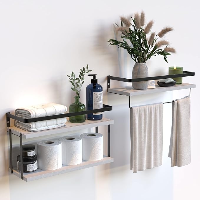 RICHER HOUSE 2+1 Tier Wall Mounted Floating Shelves Set of 2, Rustic Wood Wall by RicherHouse