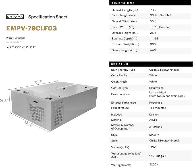 Empava Luxury 79" Dual-Zone Hot & Cold Tub: Whirlpool Bathtub - Image 2
