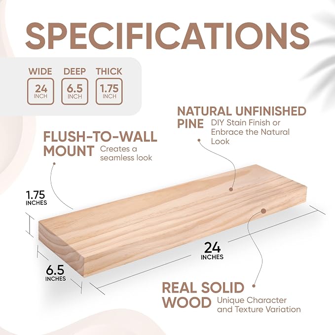 Homeforia 24 inch Wood Floating Shelves, High End Solid Natural Wood 24inch - Image 2