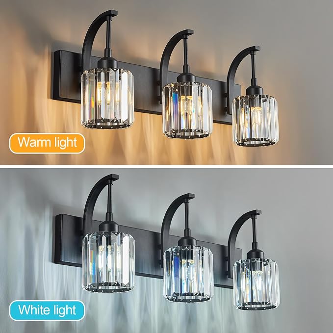3-Light Crystal Vanity Light, Modern Black Bathroom Wall Sconce - Image 2