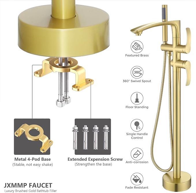 Free Standing Tub Faucet, Brushed Gold Floor Mount Bathtub Faucet - Image 3