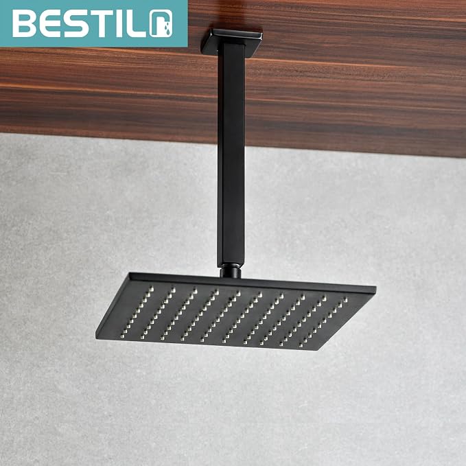 BESTILL 10 Inch Matte Black Ceiling Mount Shower Arm and Flange, Square Rain - Image 3