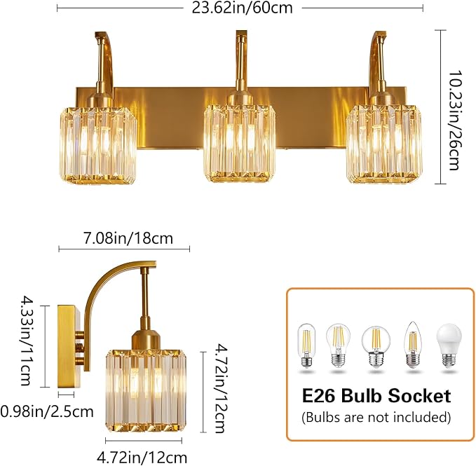Crystal Vanity Lights 3-Light Gold Bathroom Vanity Lights Modern Crystal - Image 4