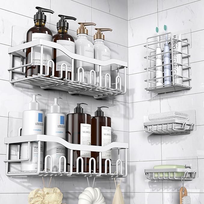 EUDELE 5-Pack Rustproof Stainless Steel Shower Caddy Set– No Drill Adhesive by EUDELE