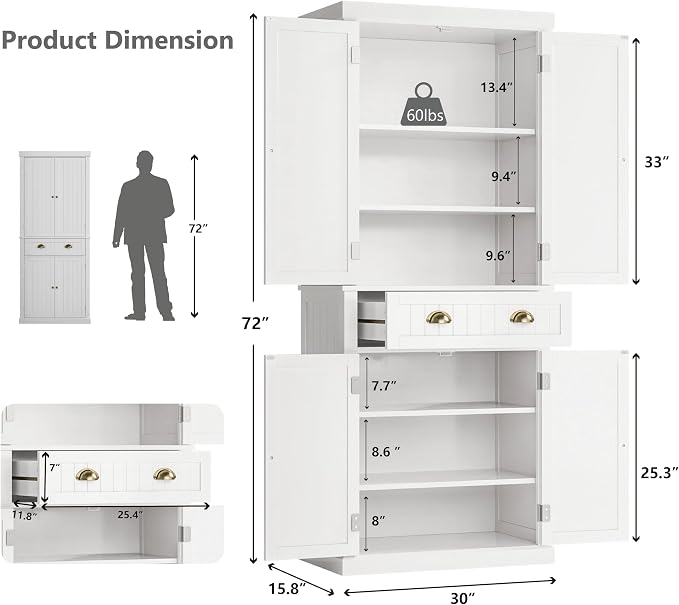 72" Kitchen Pantry, Tall Storage Cabinets - Image 3